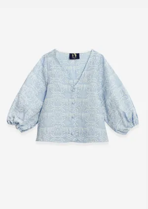 Alma Linen Blouse | Embroidered Linen Baby Blue
