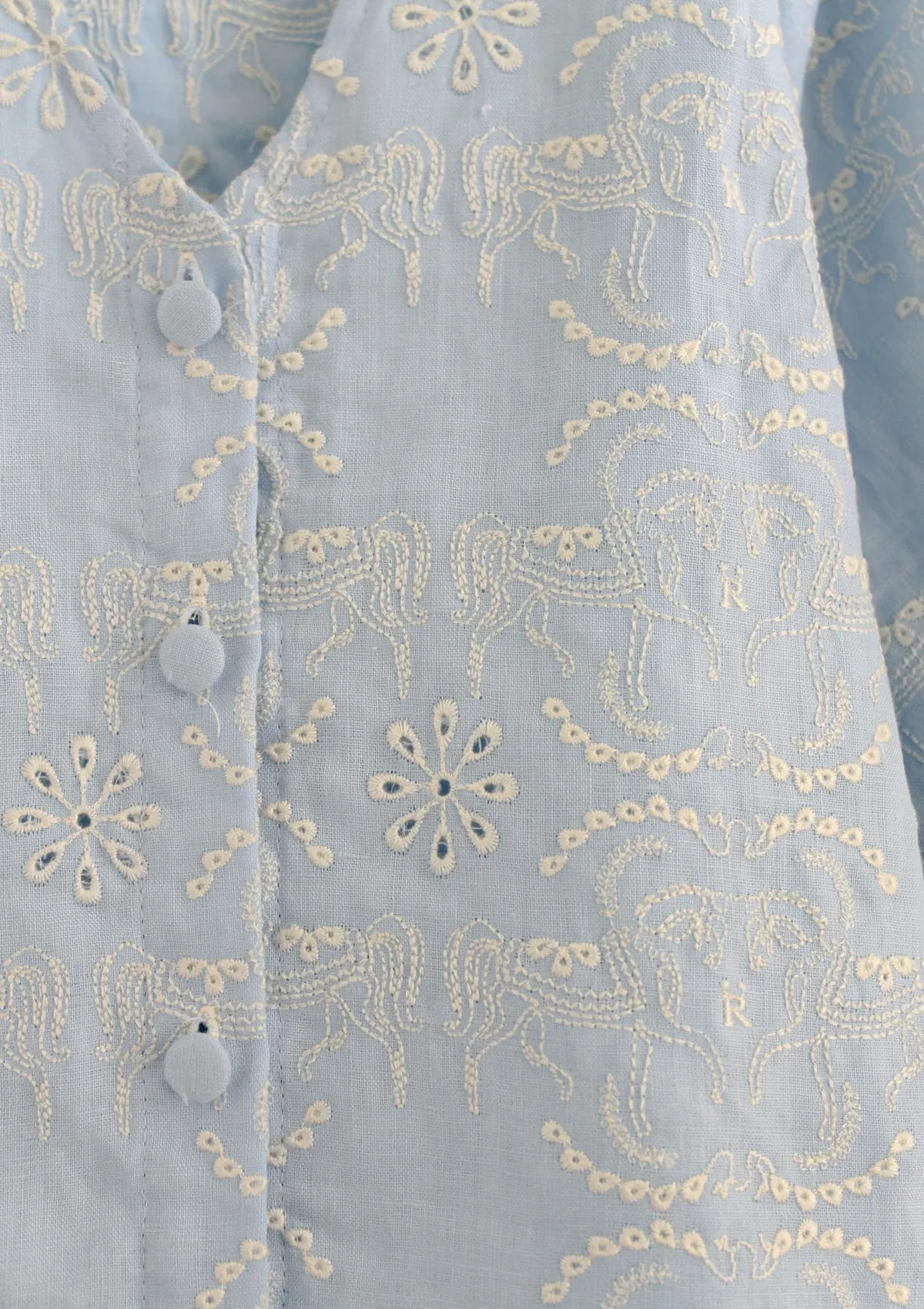 Alma Linen Blouse | Embroidered Linen Baby Blue