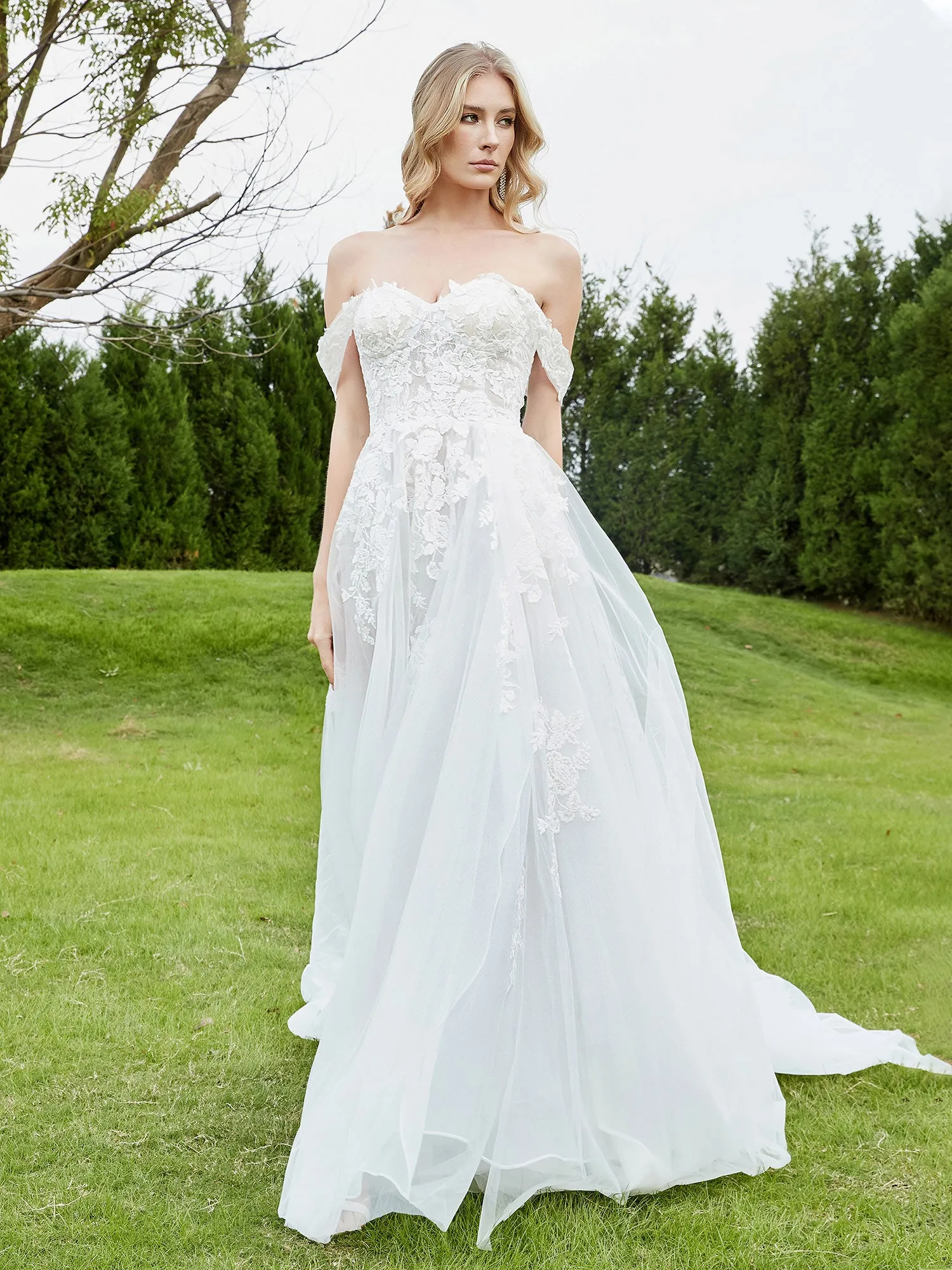 Appliqued Off-the-shoulder A-line Wedding Dress White