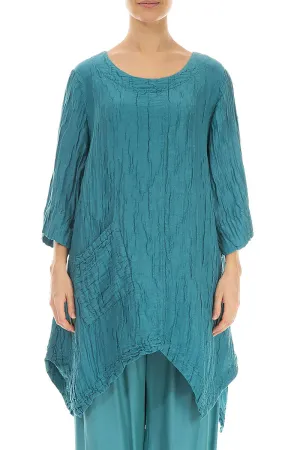 Asymmetric Crinkled Turquoise Silk Linen Tunic