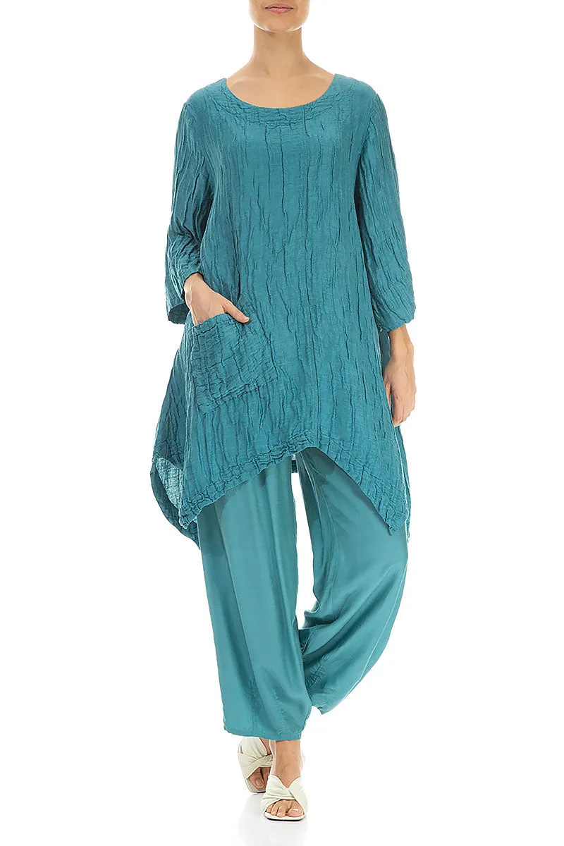 Asymmetric Crinkled Turquoise Silk Linen Tunic
