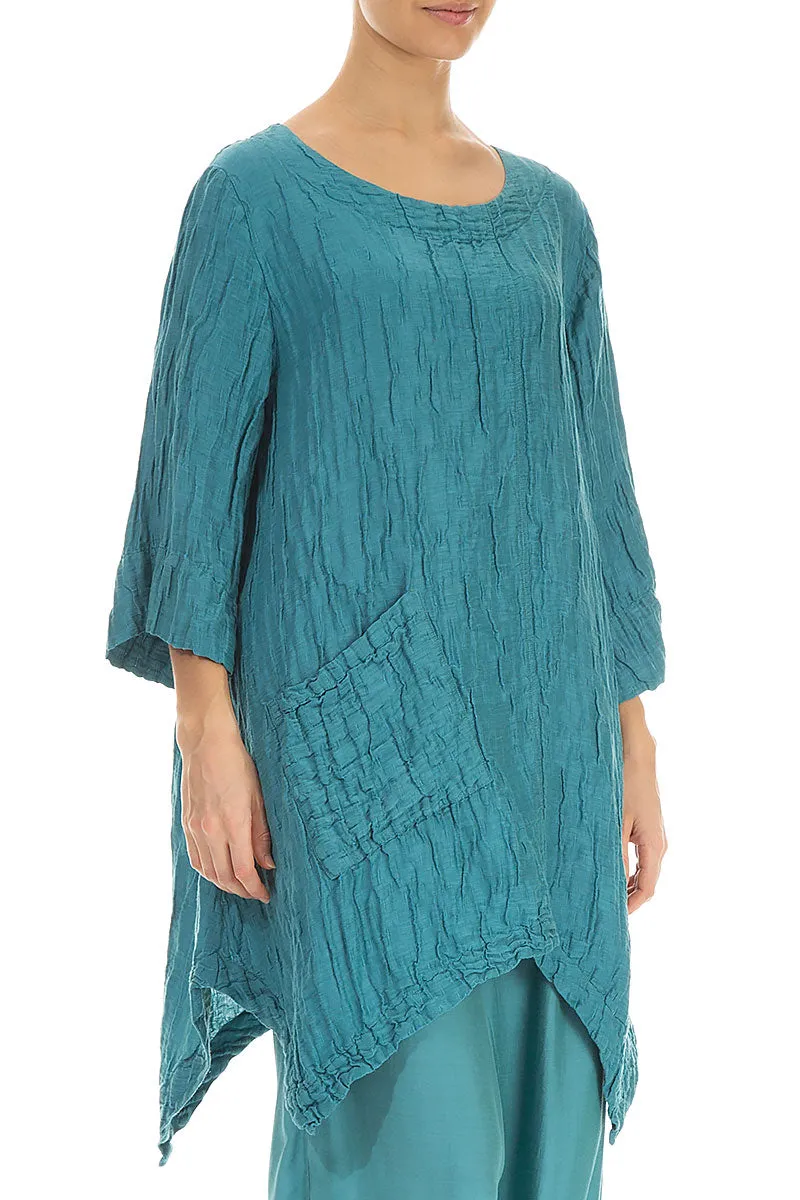 Asymmetric Crinkled Turquoise Silk Linen Tunic