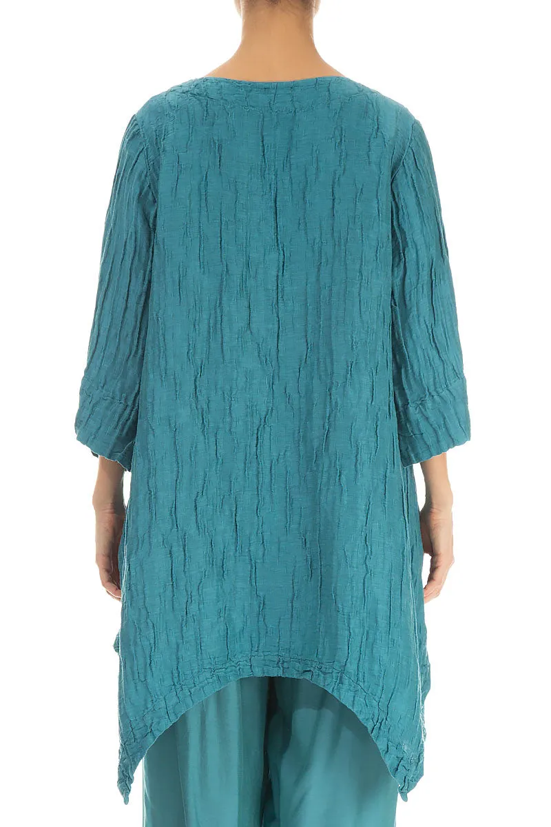 Asymmetric Crinkled Turquoise Silk Linen Tunic