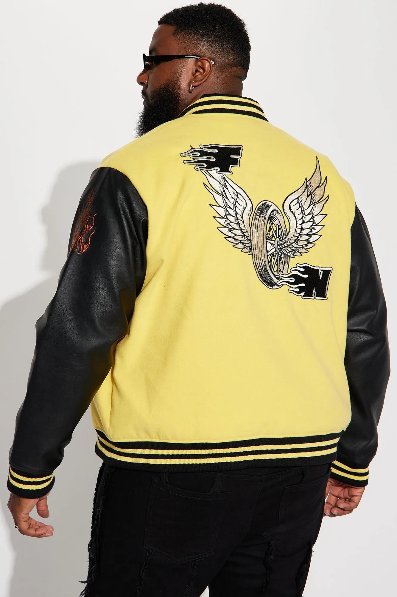 Biker Faux Leather Varsity Jacket - Yellow/combo