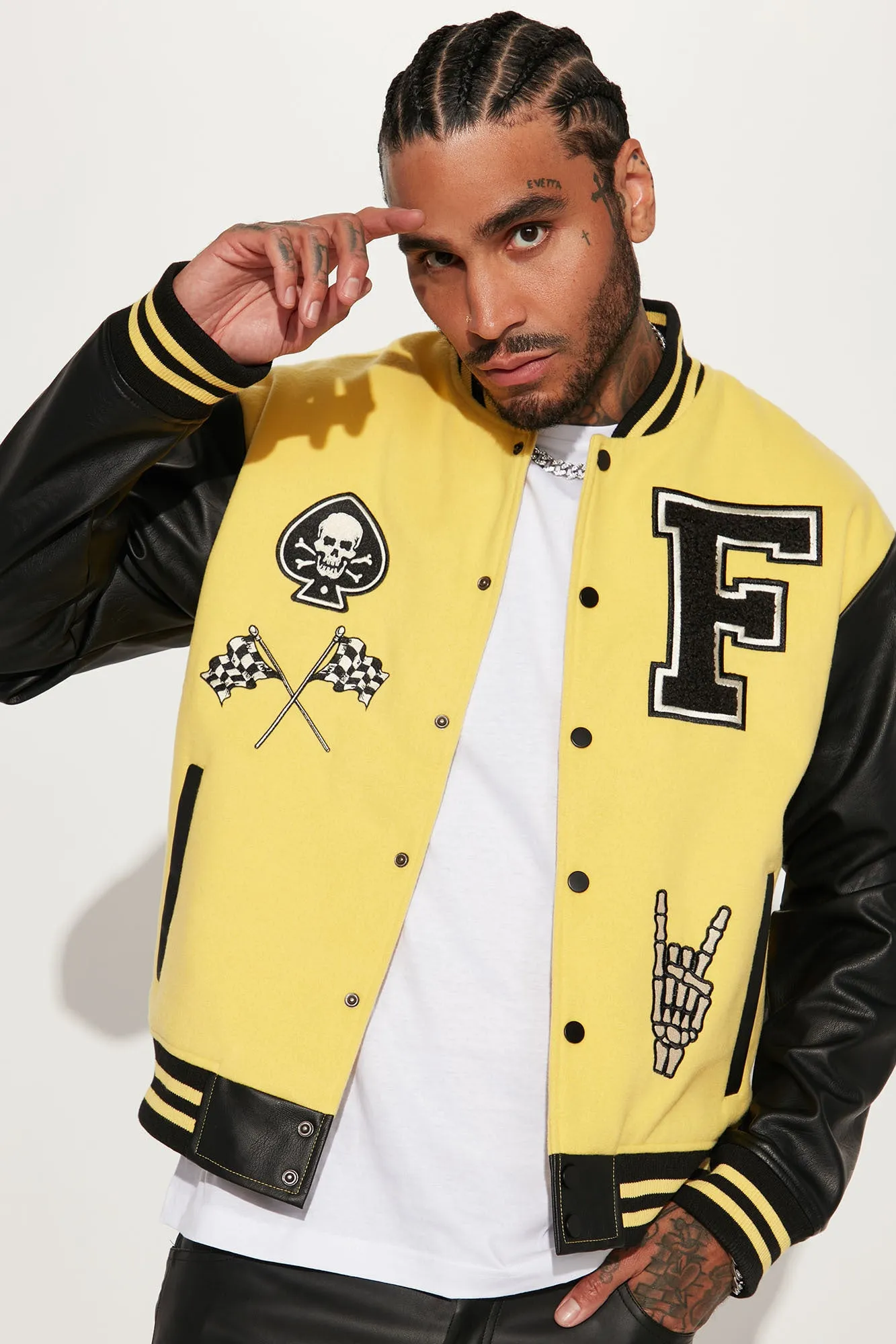 Biker Faux Leather Varsity Jacket - Yellow/combo