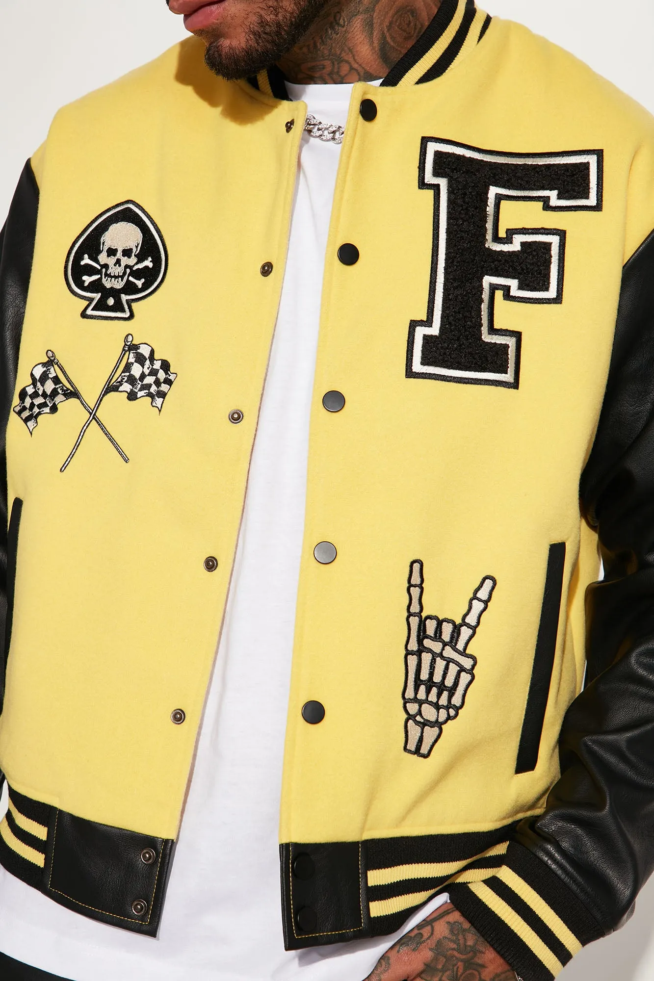 Biker Faux Leather Varsity Jacket - Yellow/combo