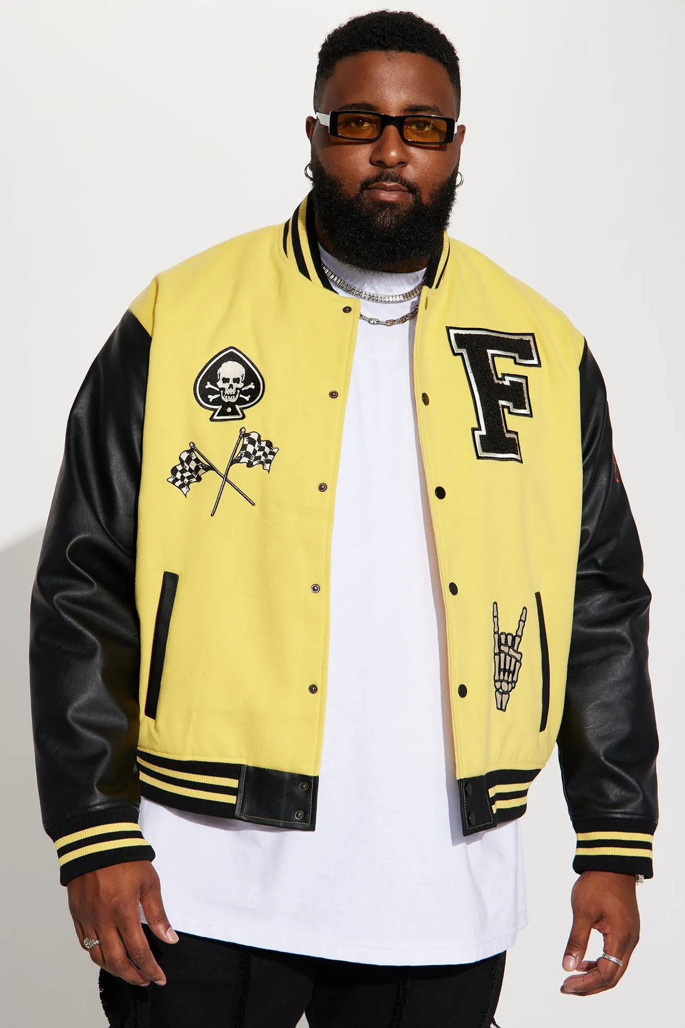 Biker Faux Leather Varsity Jacket - Yellow/combo