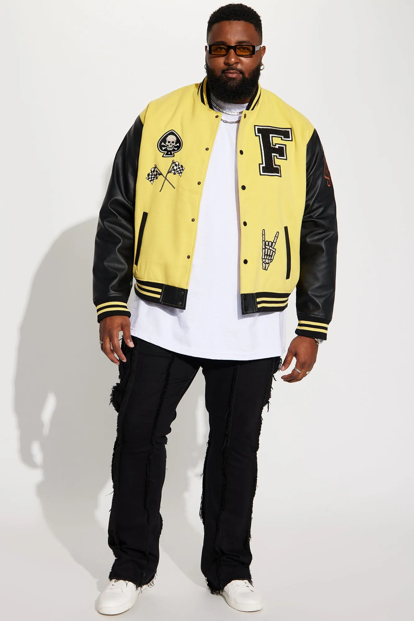 Biker Faux Leather Varsity Jacket - Yellow/combo