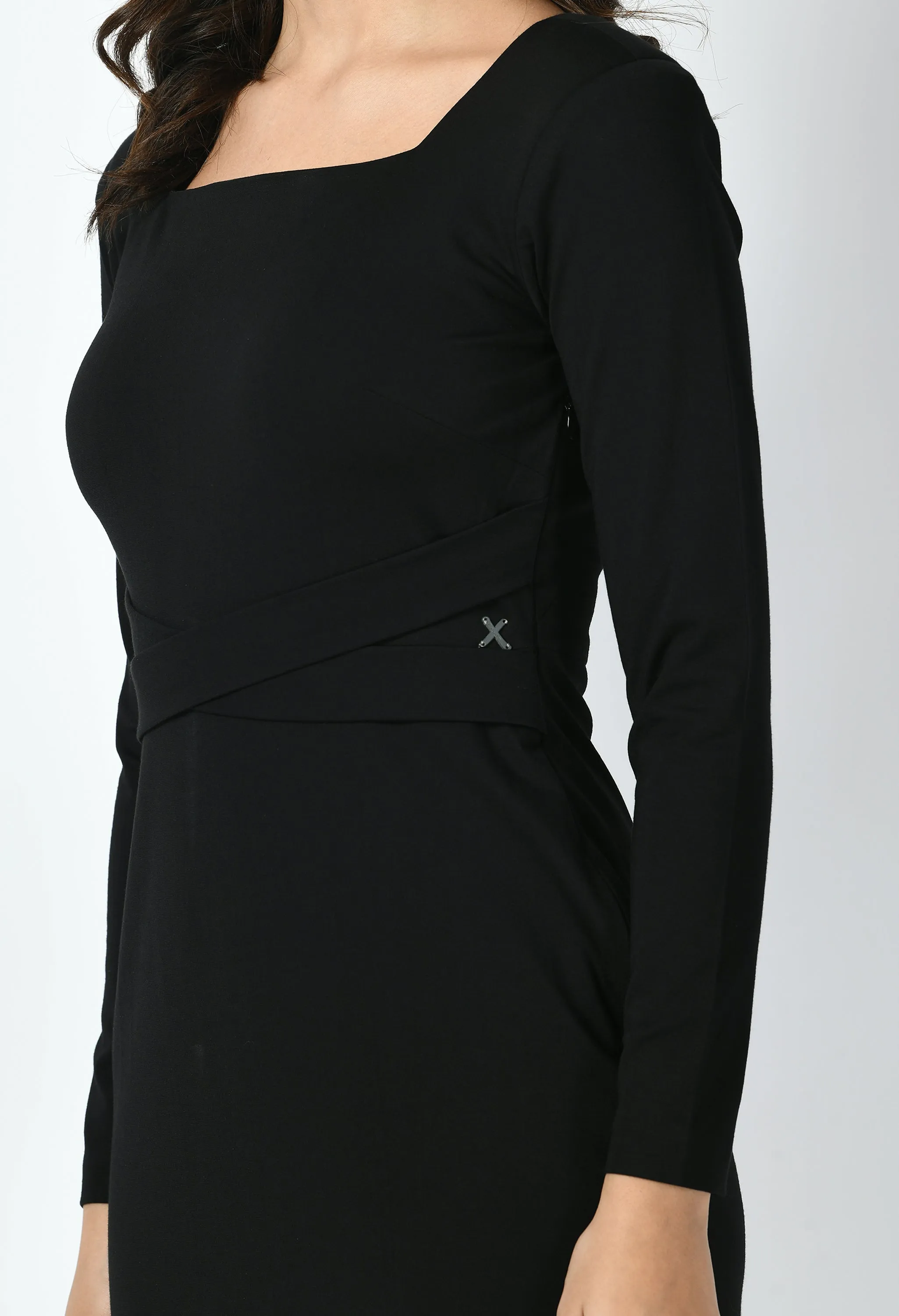 Black Cotton Blend Pinnacle Padded Shoulder Sheath Dress