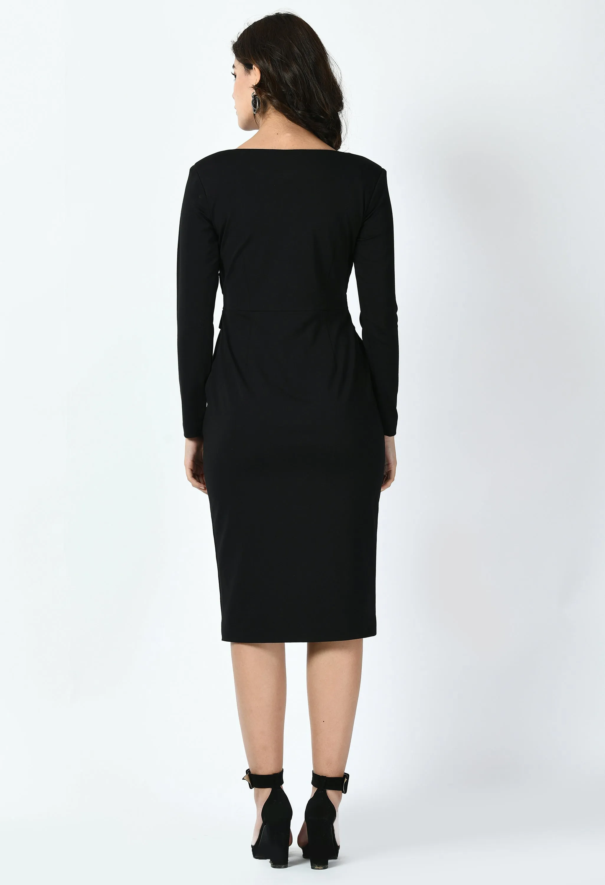 Black Cotton Blend Pinnacle Padded Shoulder Sheath Dress