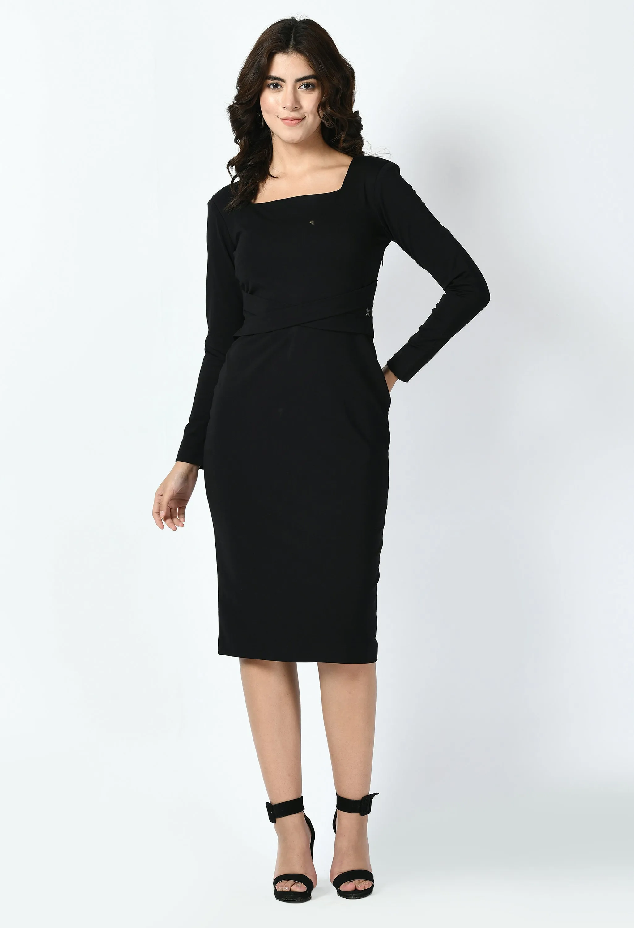 Black Cotton Blend Pinnacle Padded Shoulder Sheath Dress
