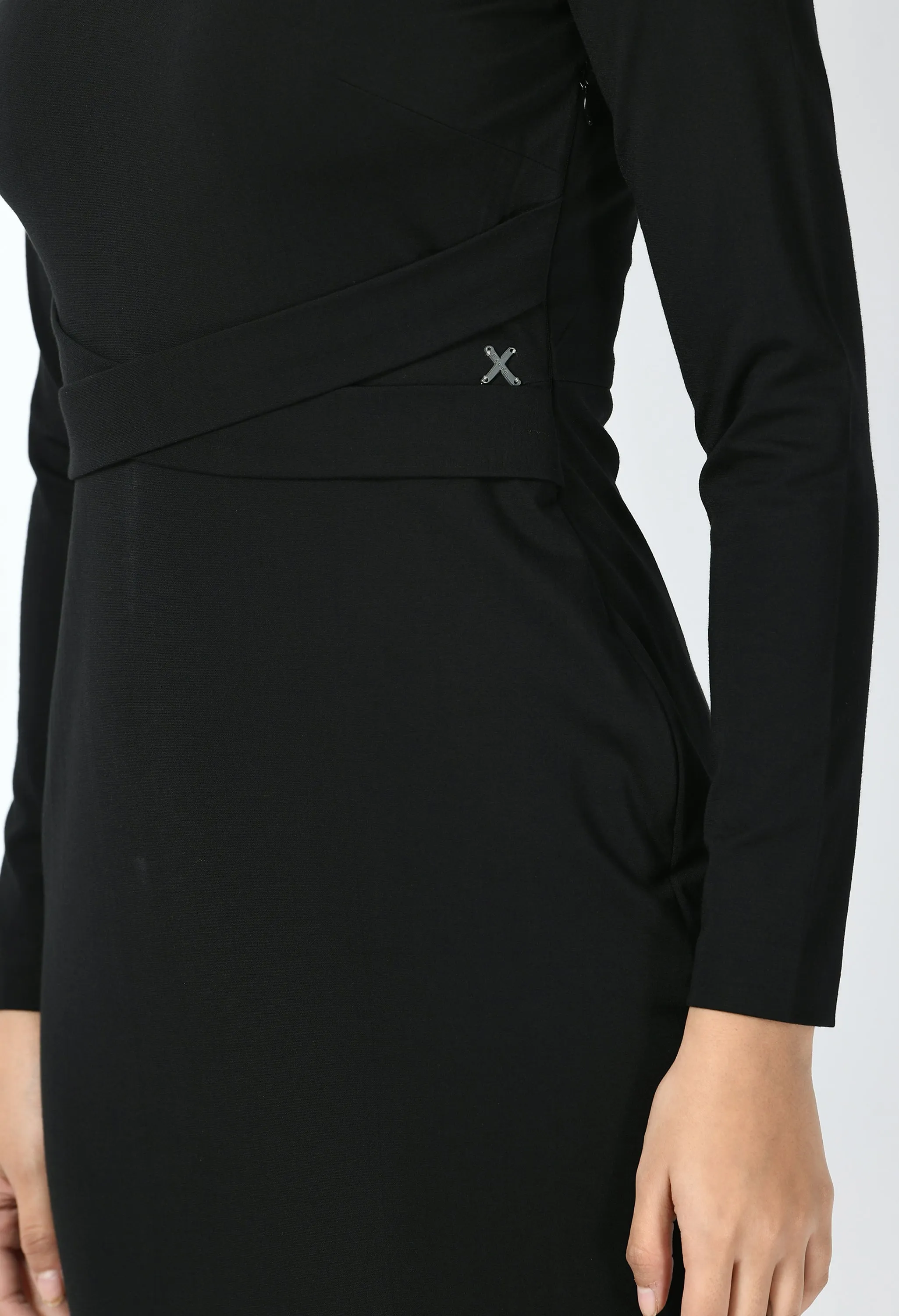 Black Cotton Blend Pinnacle Padded Shoulder Sheath Dress