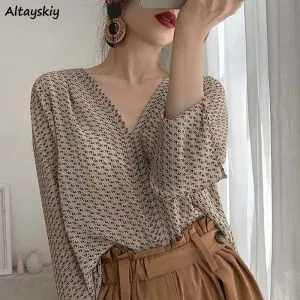 Blouses V-neck Printing Long Sleeve Loose Shirts