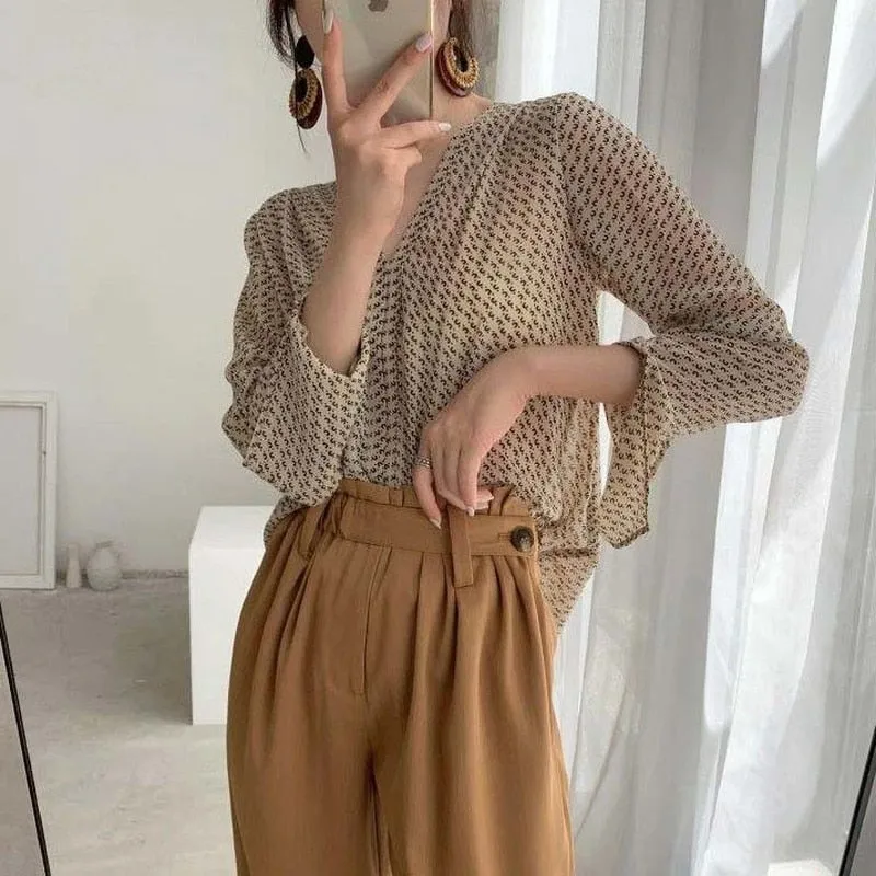Blouses V-neck Printing Long Sleeve Loose Shirts