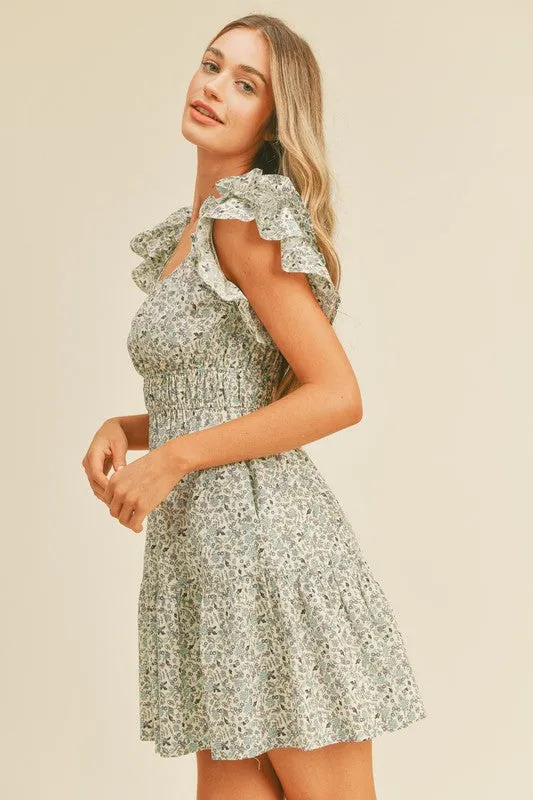 Blue Floral Scoop Neck Flutter Sleeve Dress
