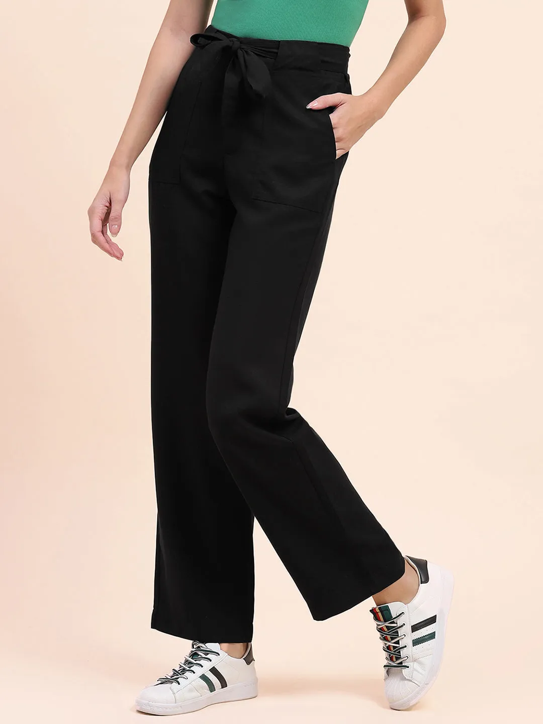 Camla Barcelona  Belted Waist Black Solid Trousers