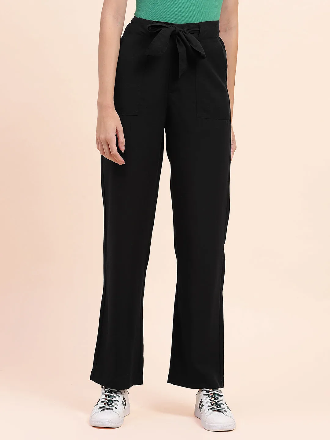 Camla Barcelona  Belted Waist Black Solid Trousers