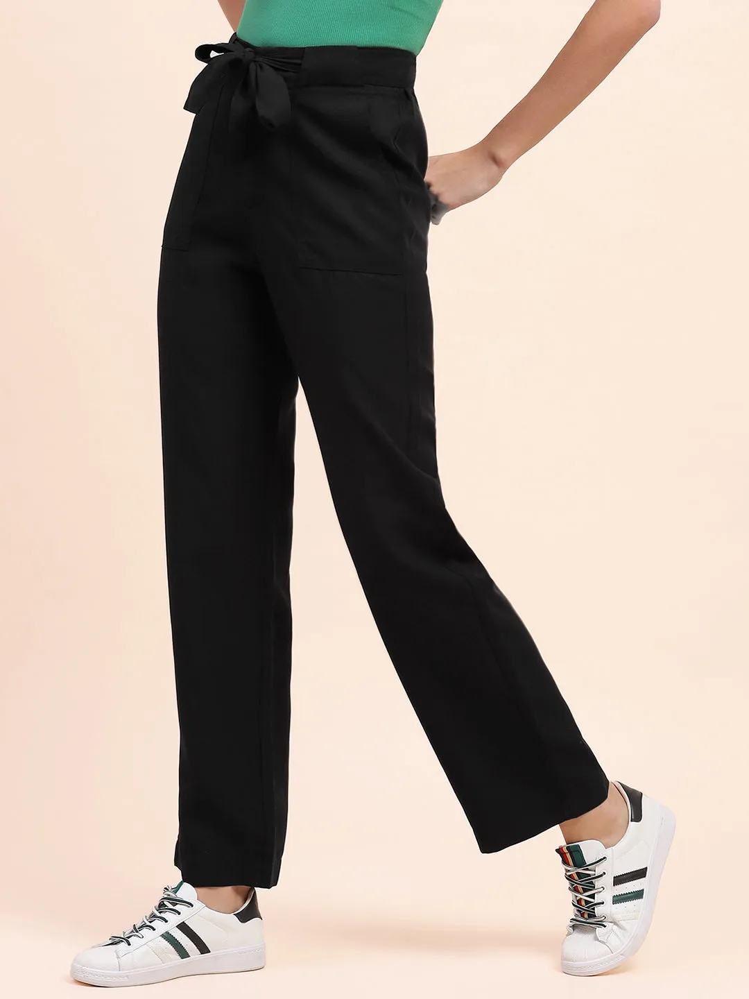 Camla Barcelona  Belted Waist Black Solid Trousers