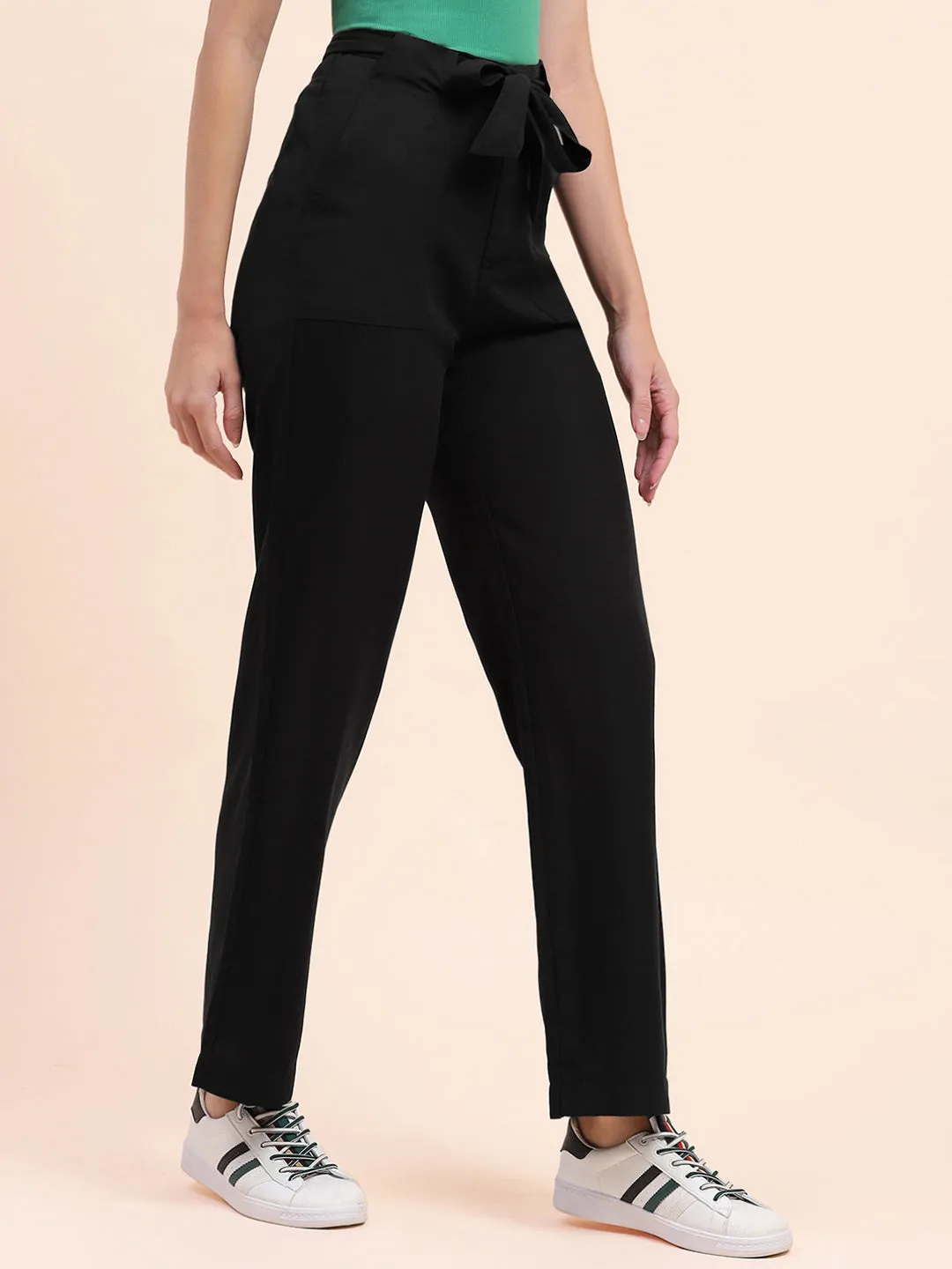Camla Barcelona  Belted Waist Black Solid Trousers