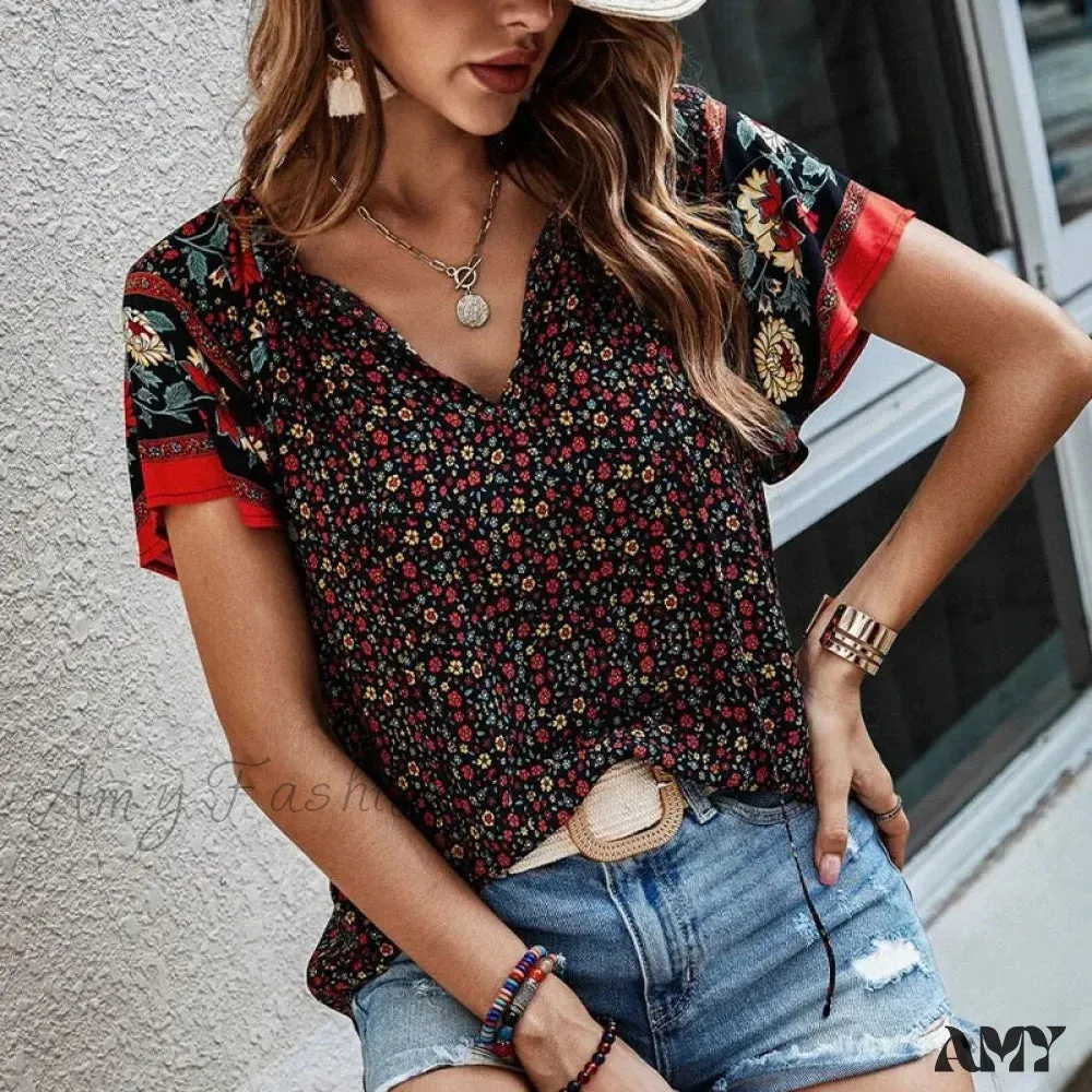 Casual Loose Floral Vintage Elegant Female Summer Tops Blouses