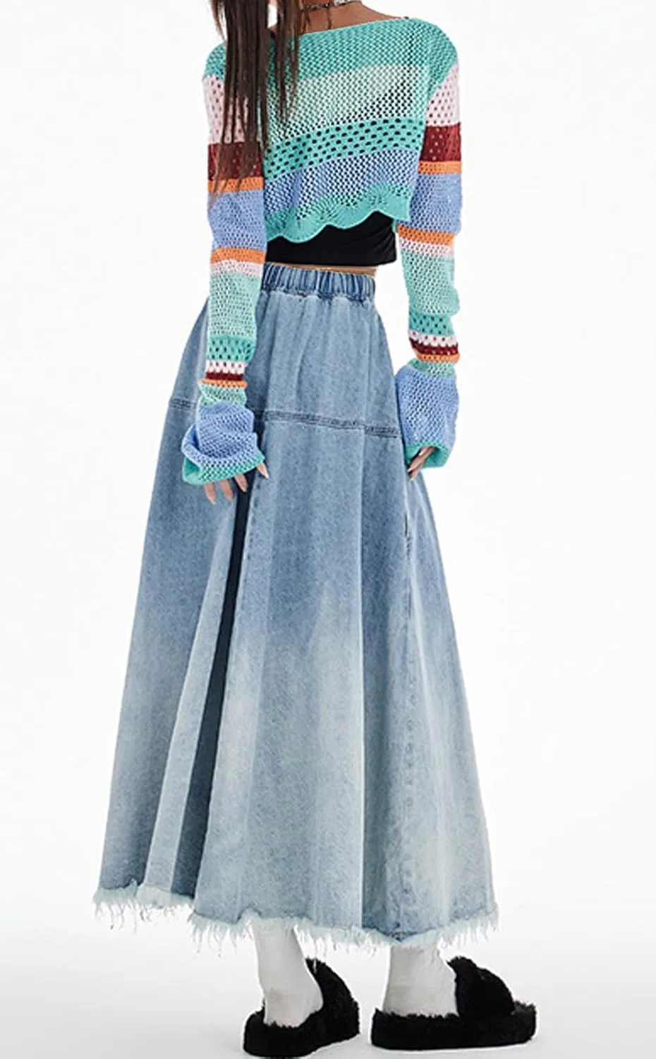 CHARTOU Women Pleated Maxi Denim Skirt Long Jean Skirt Gradient Frayed Distressed Denim Ruffle A Line Skirt