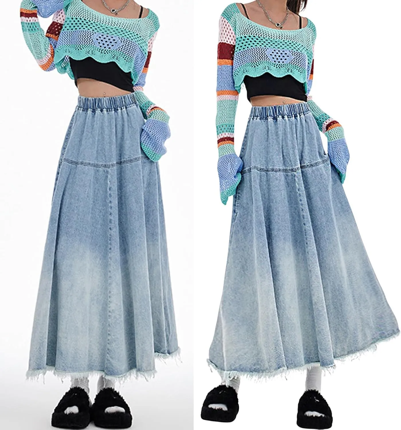 CHARTOU Women Pleated Maxi Denim Skirt Long Jean Skirt Gradient Frayed Distressed Denim Ruffle A Line Skirt