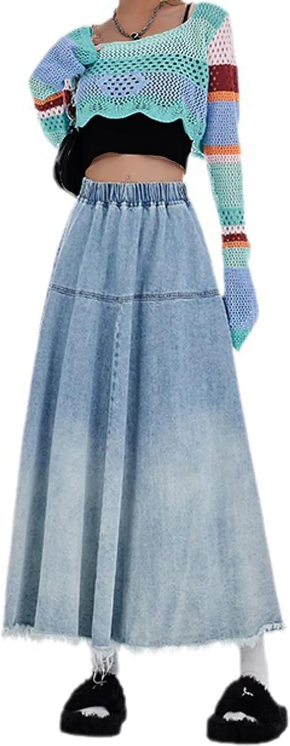 CHARTOU Women Pleated Maxi Denim Skirt Long Jean Skirt Gradient Frayed Distressed Denim Ruffle A Line Skirt