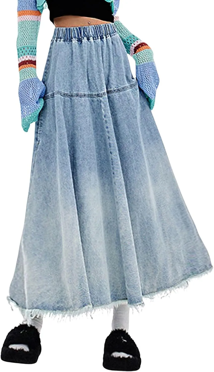 CHARTOU Women Pleated Maxi Denim Skirt Long Jean Skirt Gradient Frayed Distressed Denim Ruffle A Line Skirt