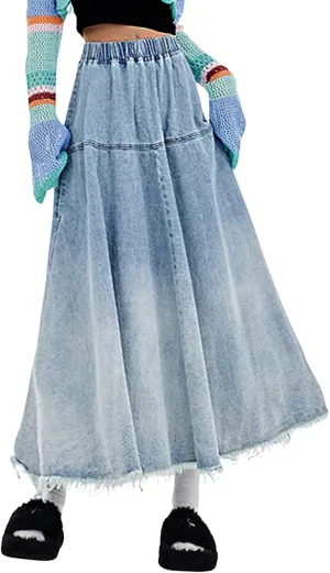 CHARTOU Women Pleated Maxi Denim Skirt Long Jean Skirt Gradient Frayed Distressed Denim Ruffle A Line Skirt