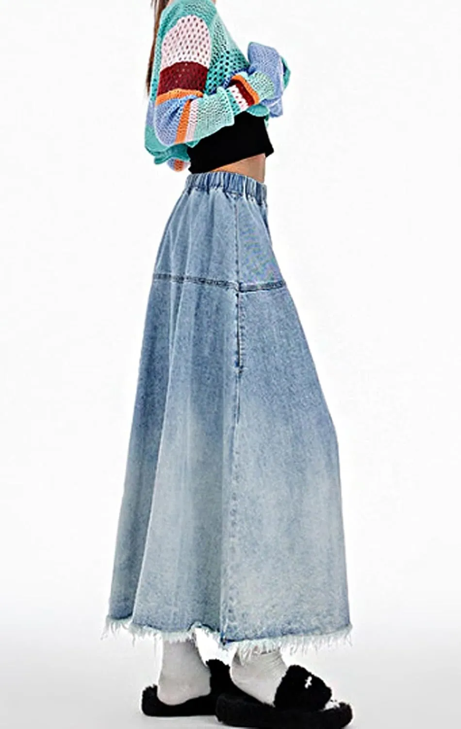 CHARTOU Women Pleated Maxi Denim Skirt Long Jean Skirt Gradient Frayed Distressed Denim Ruffle A Line Skirt