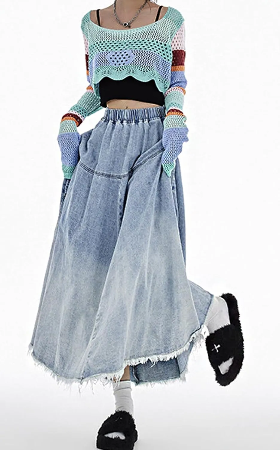 CHARTOU Women Pleated Maxi Denim Skirt Long Jean Skirt Gradient Frayed Distressed Denim Ruffle A Line Skirt