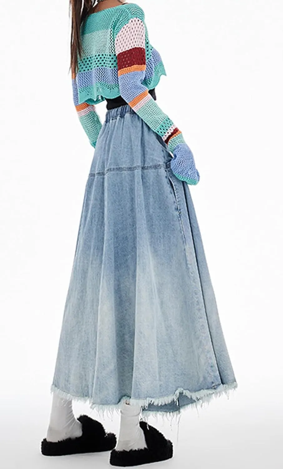 CHARTOU Women Pleated Maxi Denim Skirt Long Jean Skirt Gradient Frayed Distressed Denim Ruffle A Line Skirt