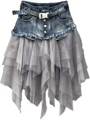 ChenKongHai Women' Mesh Spliced Denim Skirt, Waist,Slim,Asymmetrical,Pleated, Gothic Jeans, Pocket Belt, Cowboy