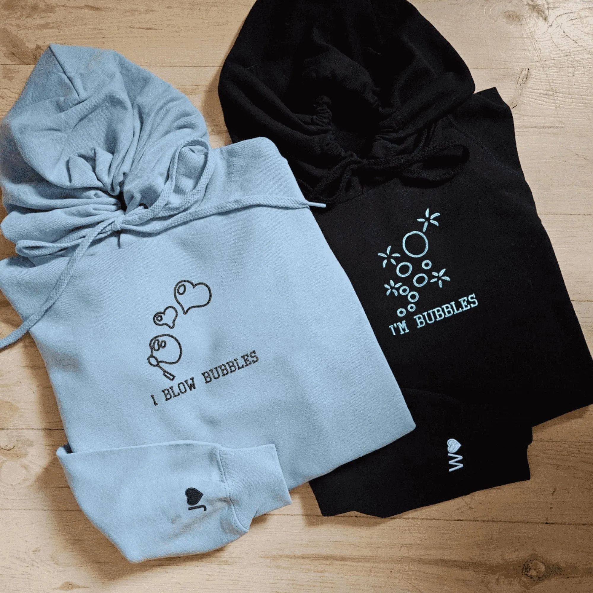 Custom Embroidered Matching Couple Hoodies - 'I Blow Bubbles' and 'I'm Bubbles'