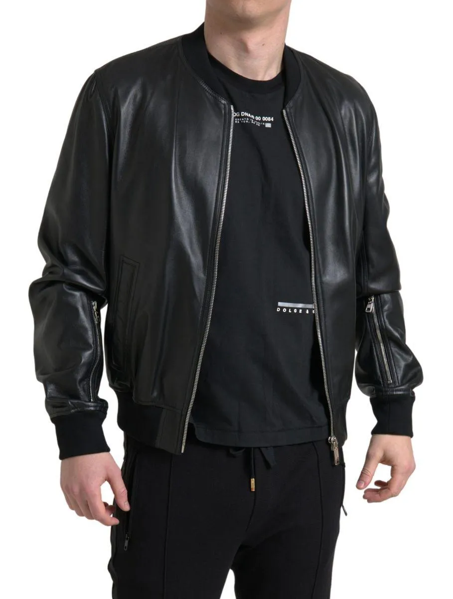 Dolce & Gabbana Leather Full Zip Bomber Jacket