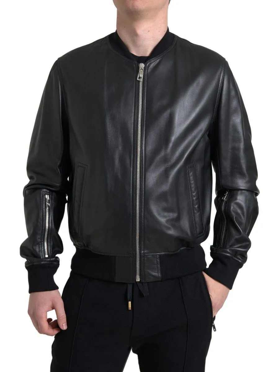 Dolce & Gabbana Leather Full Zip Bomber Jacket
