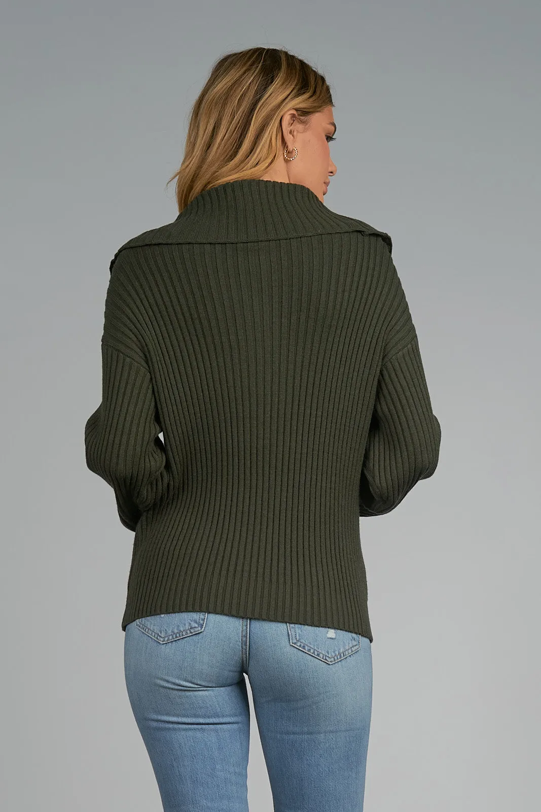 Elan Olive Green Ribbed Zipper Front Sweater