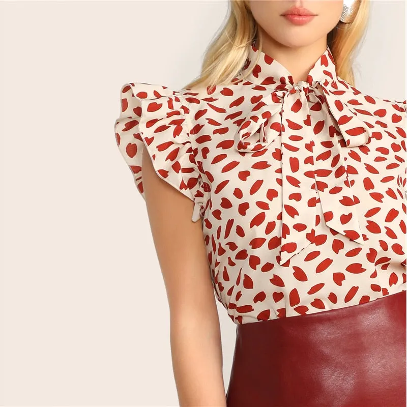 Elegant Red Bow Tie Neck Ruffle Trim Petal Print Top Blouse Workwear Sleeveless Blouses