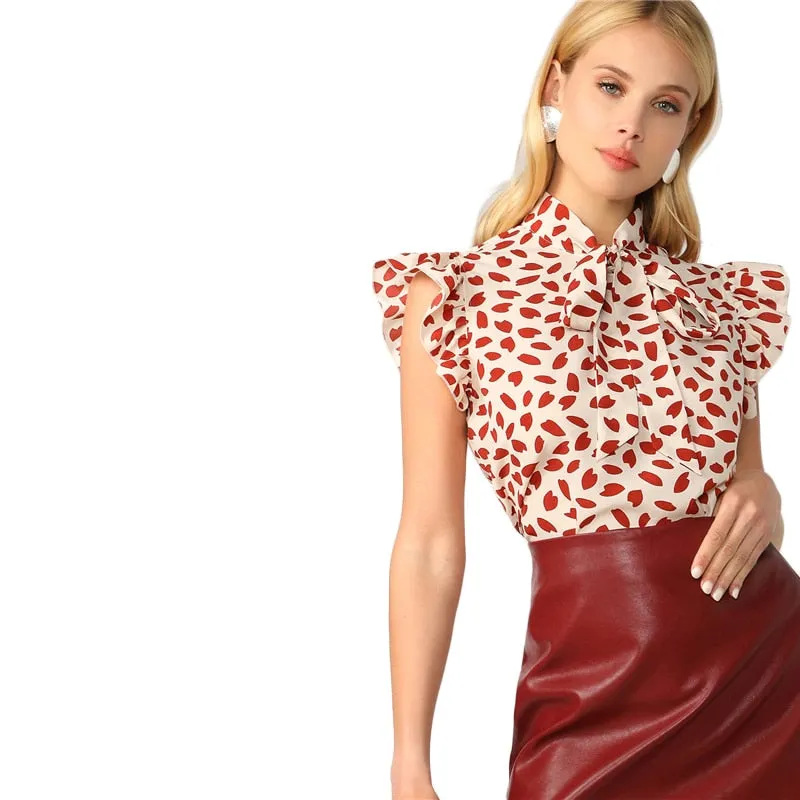 Elegant Red Bow Tie Neck Ruffle Trim Petal Print Top Blouse Workwear Sleeveless Blouses