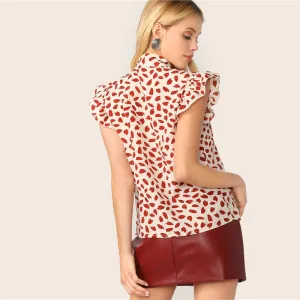Elegant Red Bow Tie Neck Ruffle Trim Petal Print Top Blouse Workwear Sleeveless Blouses