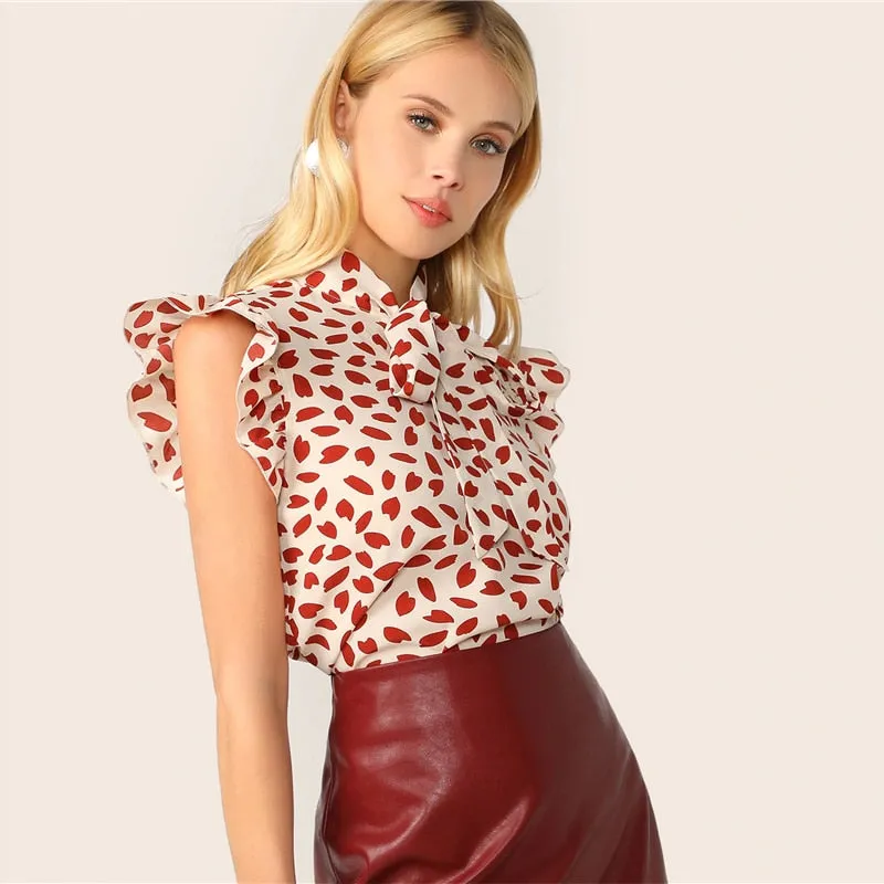 Elegant Red Bow Tie Neck Ruffle Trim Petal Print Top Blouse Workwear Sleeveless Blouses