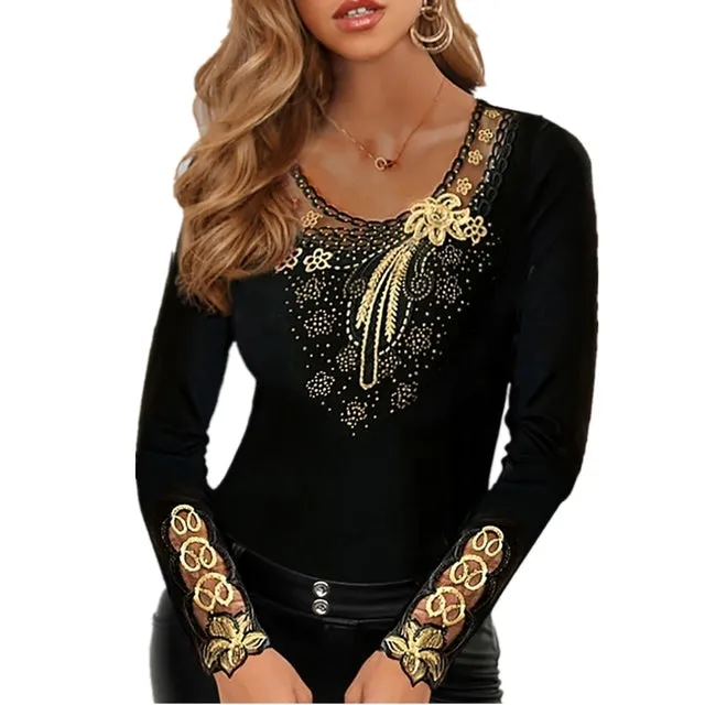 Elegant Spring Gold Print Mesh Top