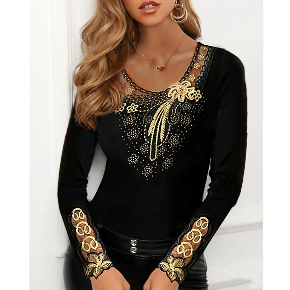 Elegant Spring Gold Print Mesh Top