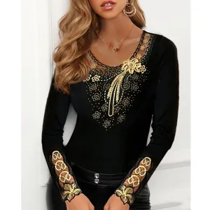 Elegant Spring Gold Print Mesh Top