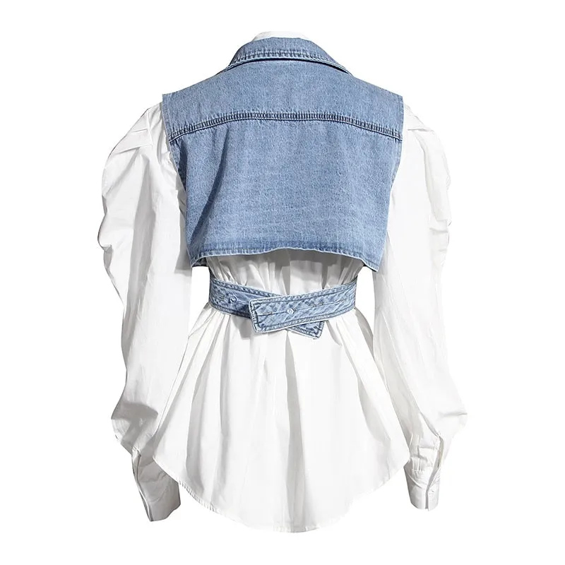 Elegant Two Piece Set Lapel Puff Sleeve Shirt Sleeveless Denim Cross Coat