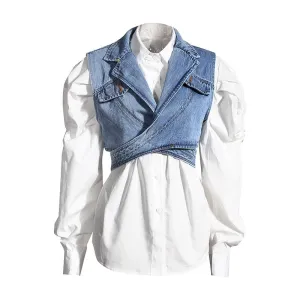 Elegant Two Piece Set Lapel Puff Sleeve Shirt Sleeveless Denim Cross Coat