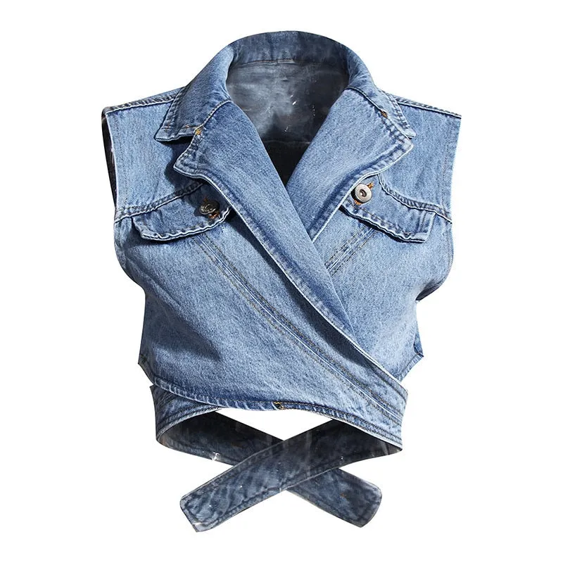 Elegant Two Piece Set Lapel Puff Sleeve Shirt Sleeveless Denim Cross Coat