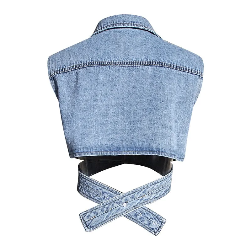 Elegant Two Piece Set Lapel Puff Sleeve Shirt Sleeveless Denim Cross Coat