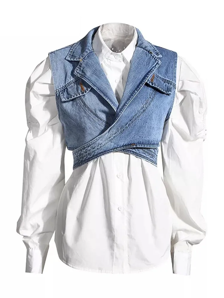 Elegant Two Piece Set Lapel Puff Sleeve Shirt Sleeveless Denim Cross Coat