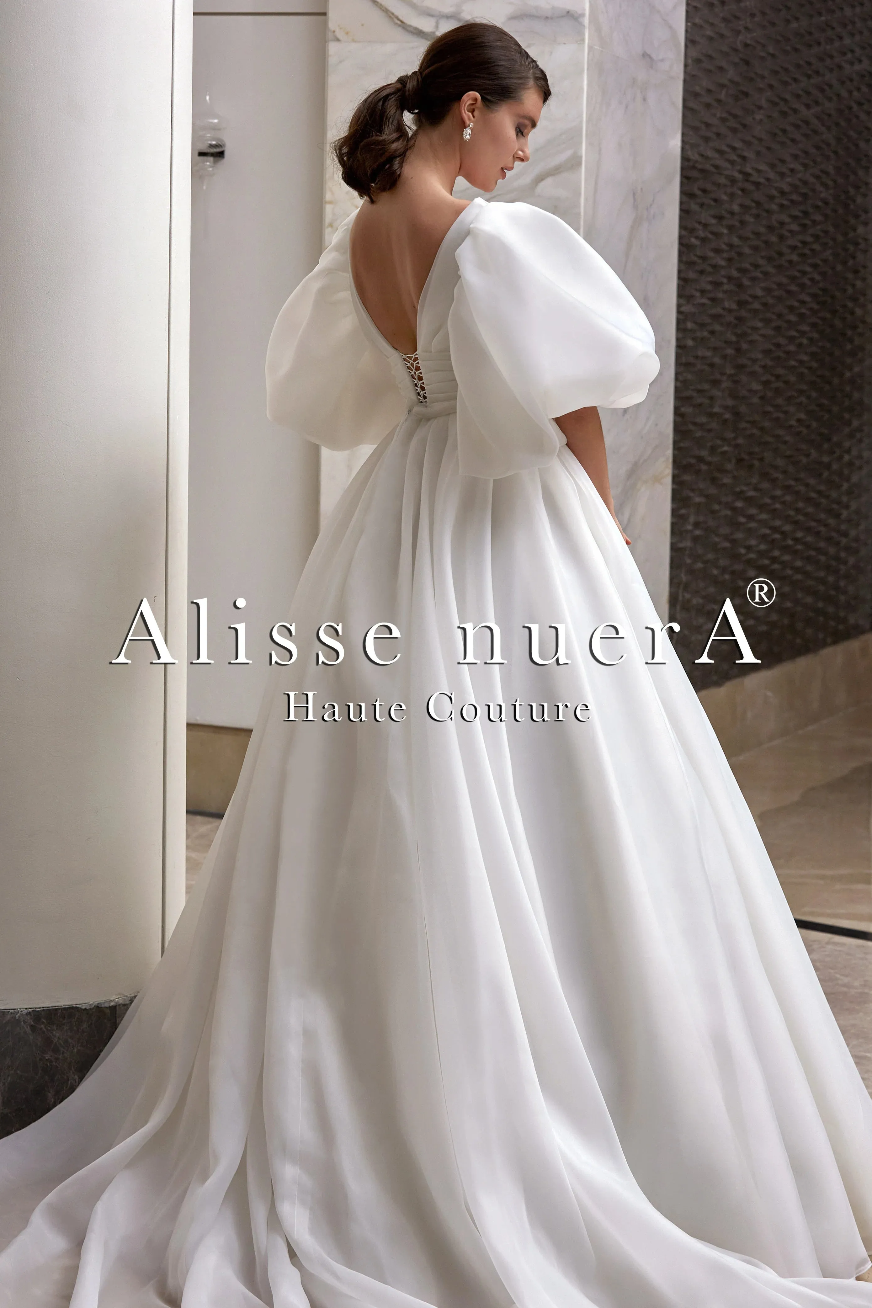 Empire Waist Balloon Sleeve V-Neck Waist Draped Wedding Dress Model